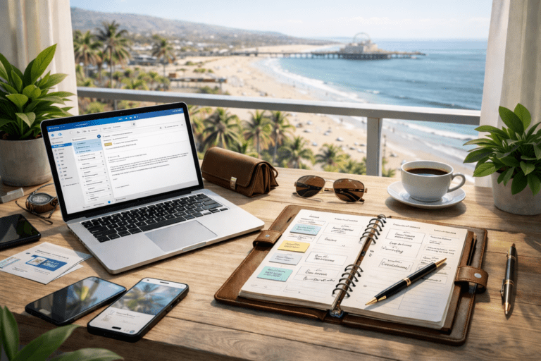Imagem mostrando um escritório com vista para o mar, sobre a mesa um notebook, planner e celulares e a ideia de um planejamento de uma próxima viagem.