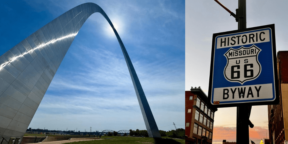 Mosaico com fotos do Gateway Arch e da Placa Historic Route 66 no estado do Missouri