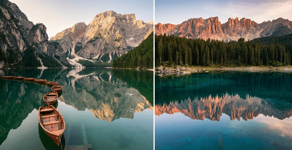 Mosaico fotográfico realista das Dolomitas: à esquerda, Lago di Braies com barcos de madeira; à direita, Lago di Carezza refletindo as montanhas Latemar ao pôr do sol.