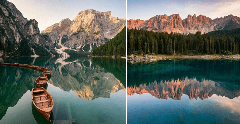Mosaico fotográfico realista das Dolomitas: à esquerda, Lago di Braies com barcos de madeira; à direita, Lago di Carezza refletindo as montanhas Latemar ao pôr do sol.