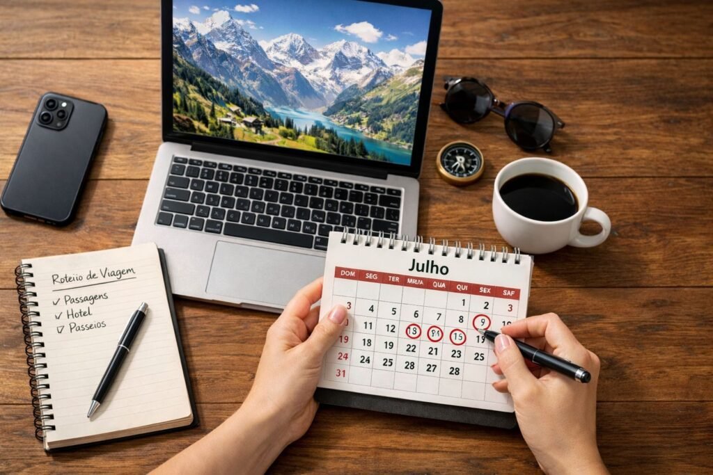 Uma pessoa fazendo o planejamento de sua próxima viagem. Na mesa, um notebook, um celular, um caderno de anotações, um calendário, uma bússola e uma xícara de café.