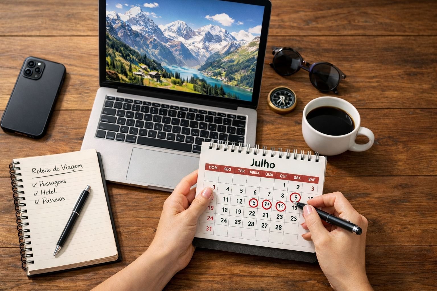 Uma pessoa fazendo o planejamento de sua próxima viagem. Na mesa, um notebook, um celular, um caderno de anotações, um calendário, uma bússola e uma xícara de café.